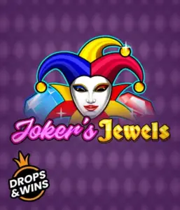 Discover the playful charm of Joker's Jewels slot by Pragmatic Play, showcasing a charming joker's mask decorated with a multicolored jester hat. This graphic conveys the fun and excitement of traditional joker games, set against a lavender background. Perfect for those who love classic slot games, promising a entertaining play experience. 